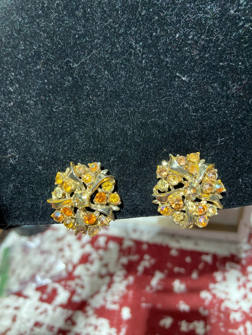Vintage BSK Gold-Tone Yellow Crystal Floral Cluster Stud Clip-on Earrings